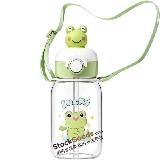 Green Frog Cartoon Kids Straw Water Bottle 600ml With Shoulder Strap